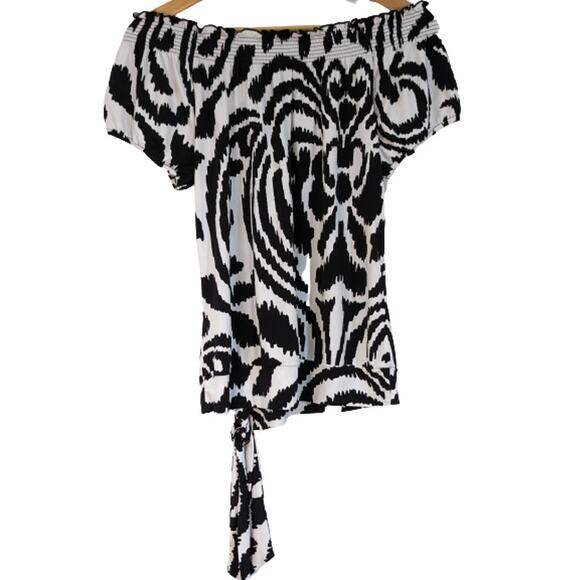 White House Black Market Black White Off Shoulder Tie Top Medium - Picture 2 of 5